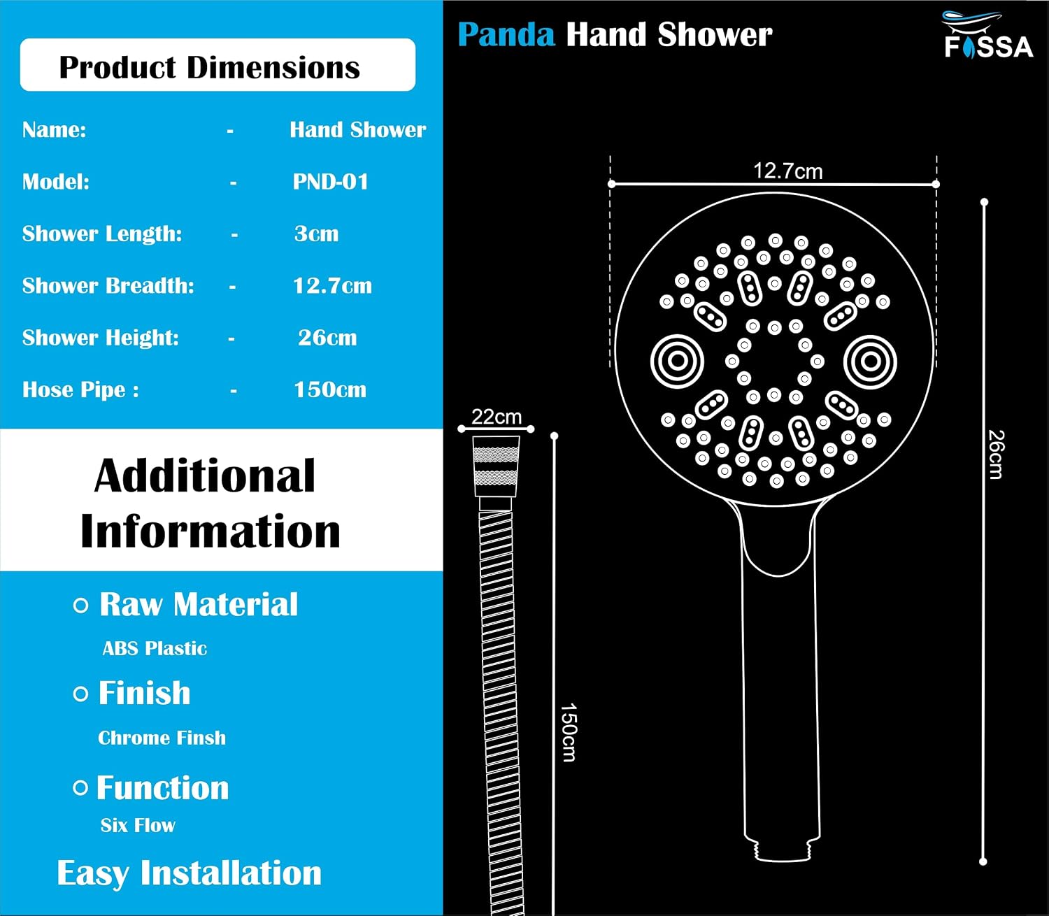 Panda 5 Sprey Modes Chrome Finish Hand Shower With 1.5 Meter Hose Pipe & Hook - Fossa Home