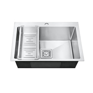 24x18x09 inch, single bowl, stainless steel with a tap hole for easy faucet fitting.