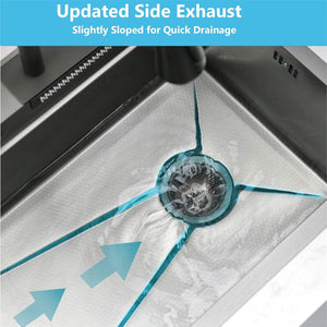 Stainless steel sink with updated side exhaust design and arrows indicating quick drainage.