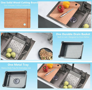 Set of kitchen tools including a wooden cutting board, drain basket, and metal tray on a kitchen counter.