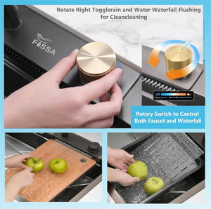 Smart Waterfall (24 x 18 x 10) Inch Premium Stainless Steel Kitchen Sink Black - Fossa Home