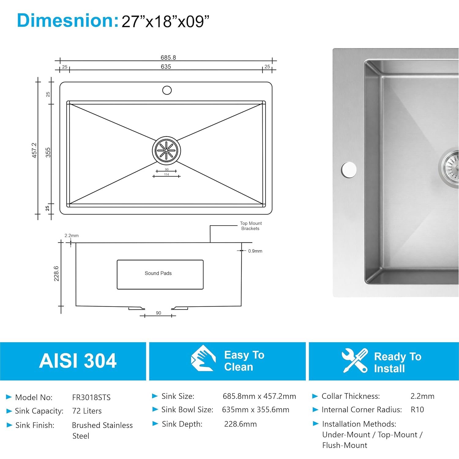 Aqua 304 Handmade ( 27"x18"x09" ) Inch Stainless Steel Round Coupling Single Bowl Silver Kitchen Sink