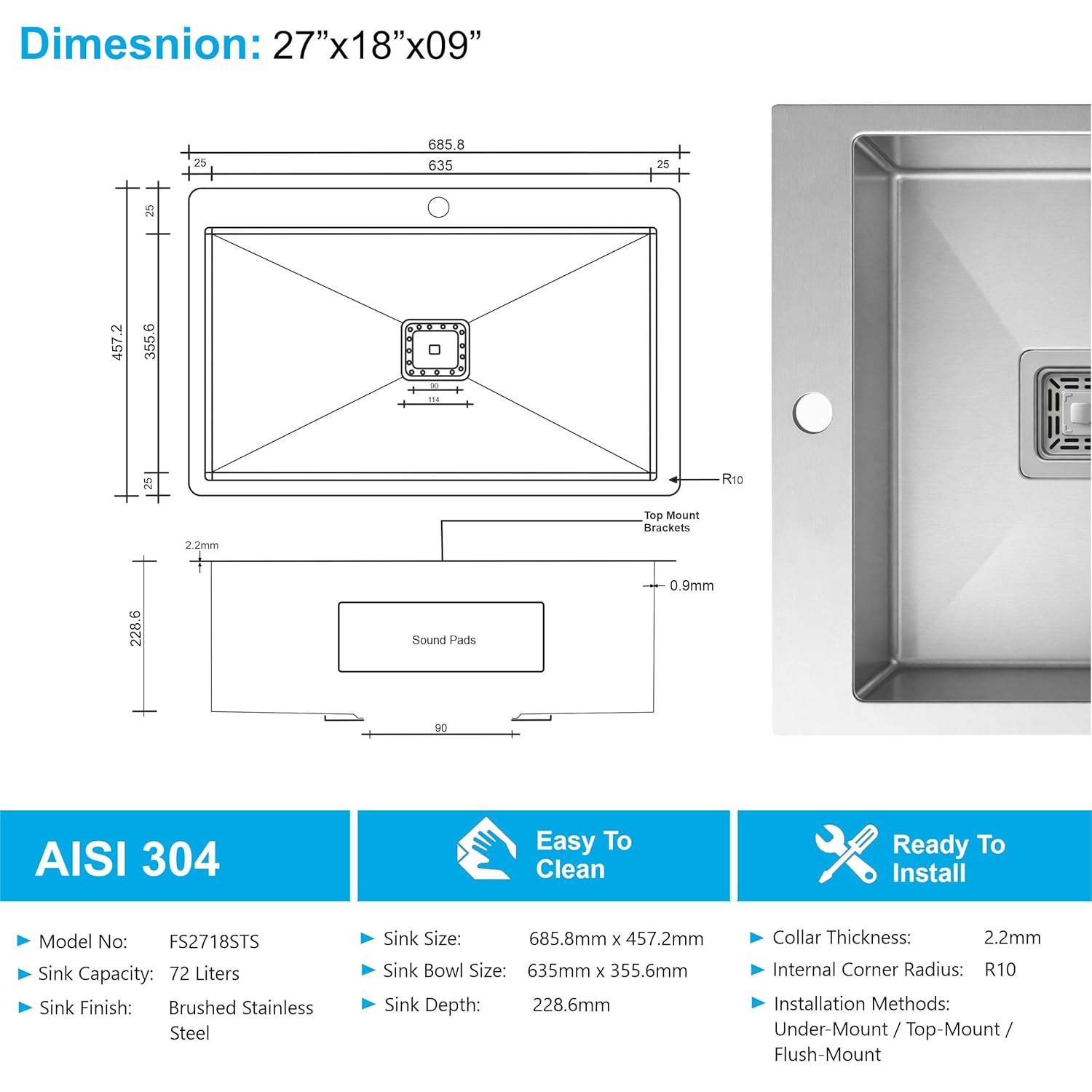 27x18 inch stainless steel single bowl kitchen sink top view with dimension details and tap hole