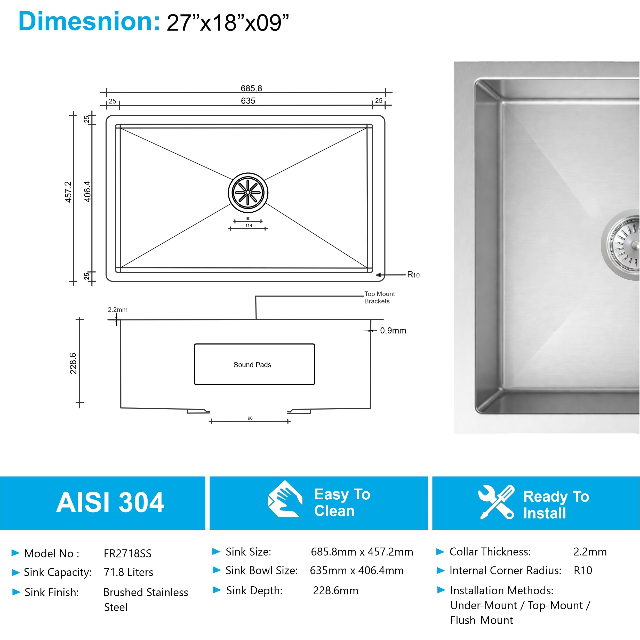 Aqua 304 Handmade ( 27"x18"x09" ) Inch SS Single Bowl Round Coupling Silver Kitchen Sink