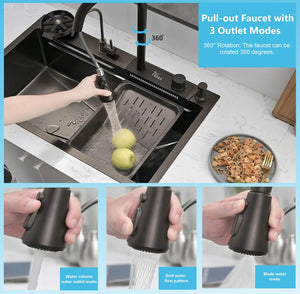 Smart Waterfall (30 x 18 x 10) Inch 304 Stainless Steel Kitchen Sink Black - Fossa Home