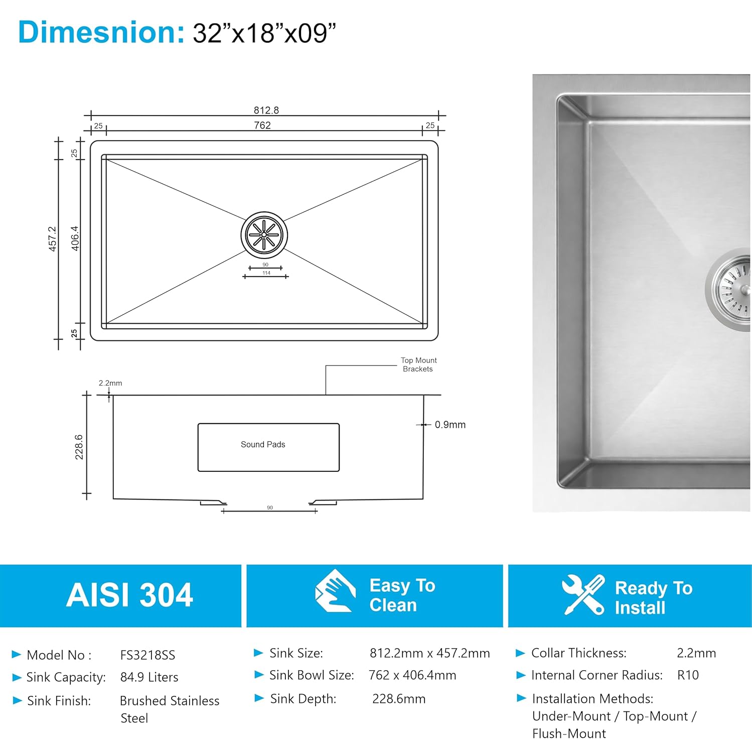 Aqua 304 Handmade (32 x 18 x 09 ) Inch Stainless Steel Round Coupling Single Bowl Silver Kitchen Sink