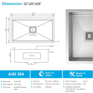 304 Stainless Steel Handmade Single Bowl Kitchen Sink 32x20