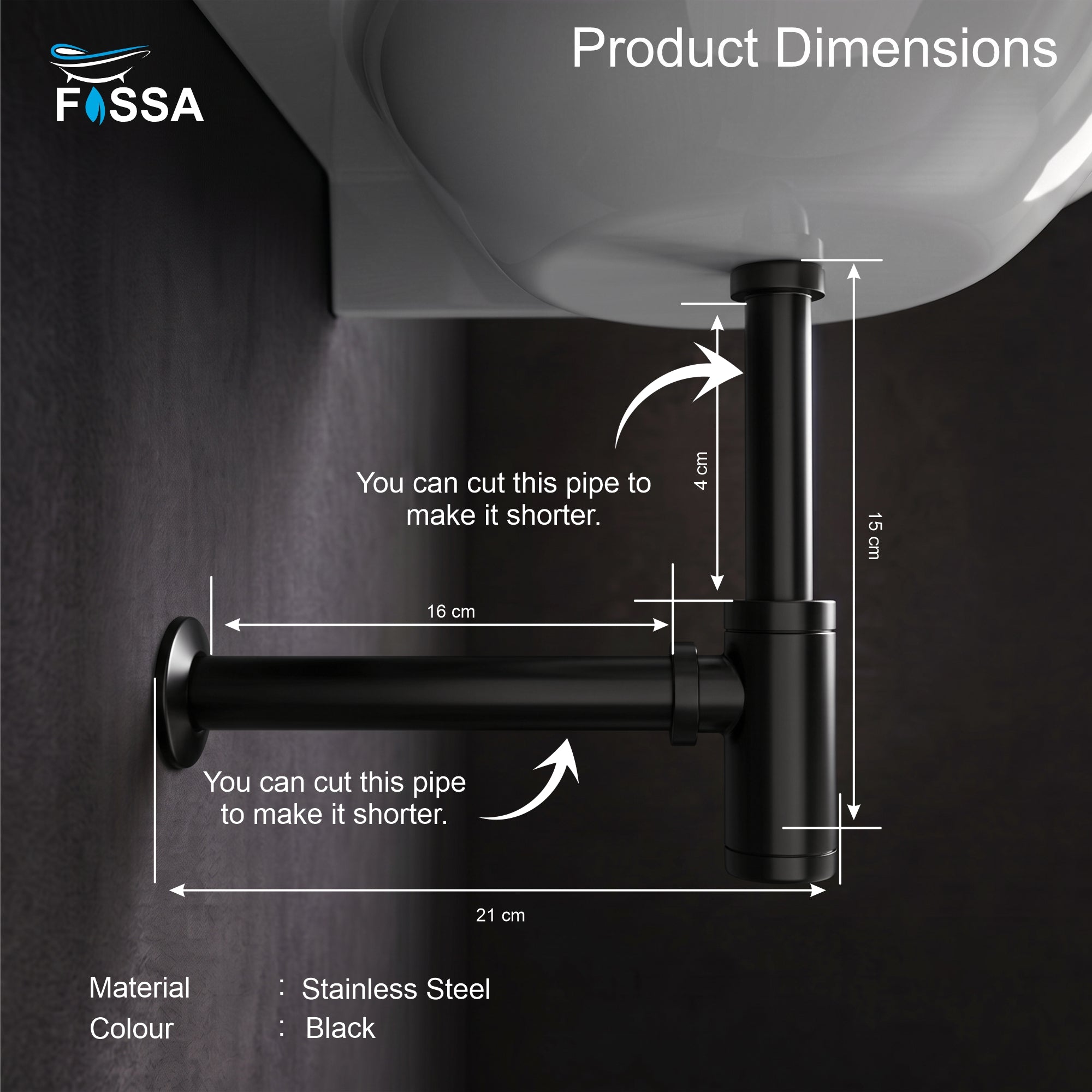 12 inch Stainless Steel Black Bottle Trap with Flange - Fossa Home