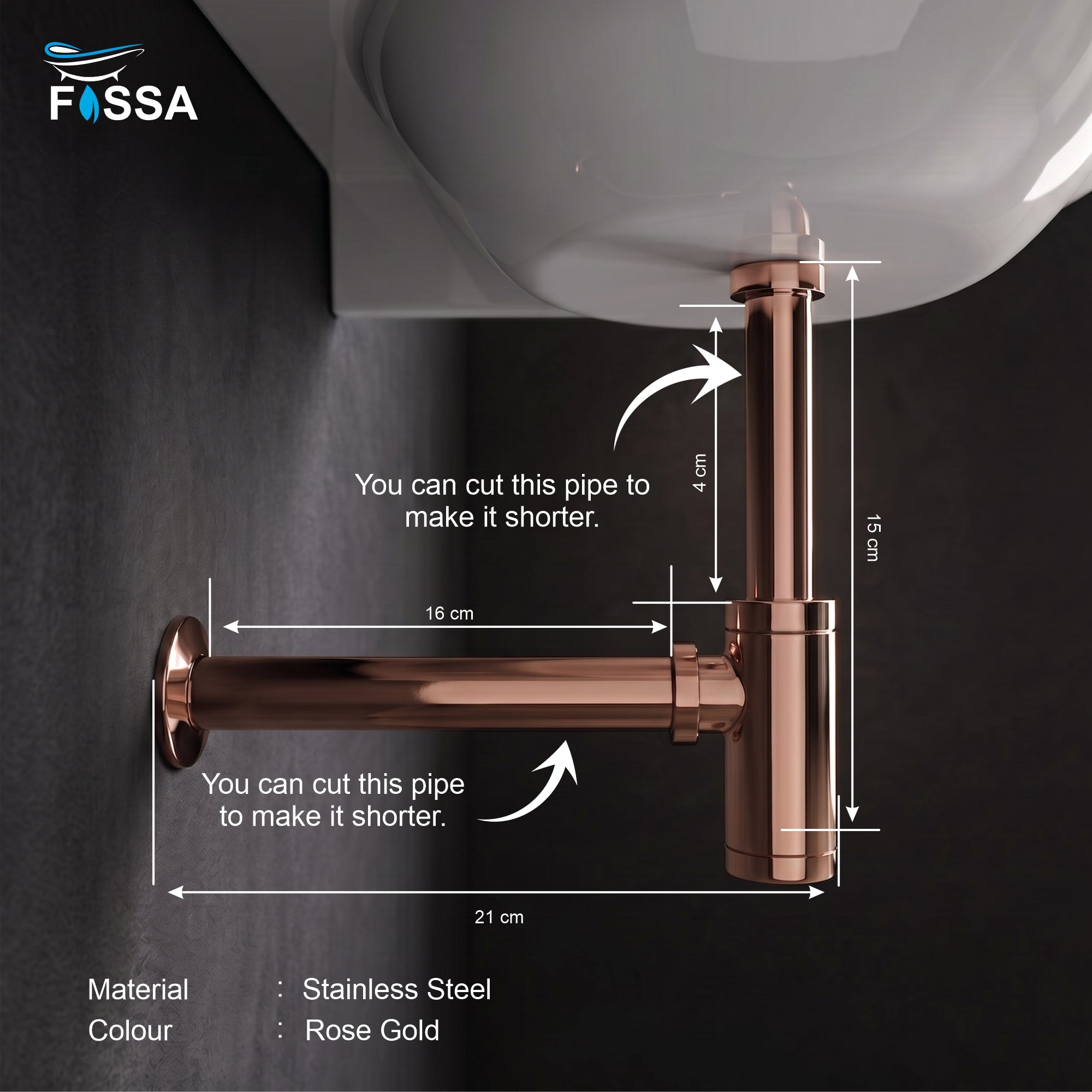 12 inch Stainless Steel Rose Gold Bottle Trap with Flange