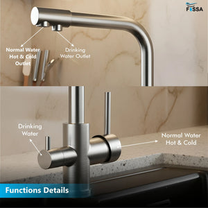 3-in-1 Brass Stainless Steel Kitchen Mixer Faucet with RO Drinking Water Tap Silver - Fossa Home
