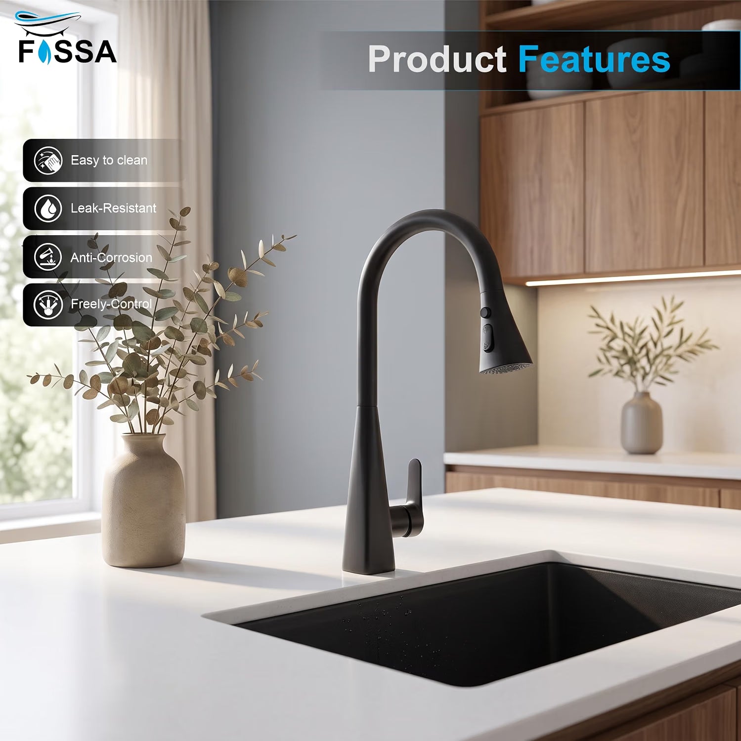 Vega Single-Flow 360° Hot & Cold 304 Stainless Steel Kitchen Mixer Faucet Black