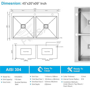 Stainless steel sink with dimensions and features on a white background