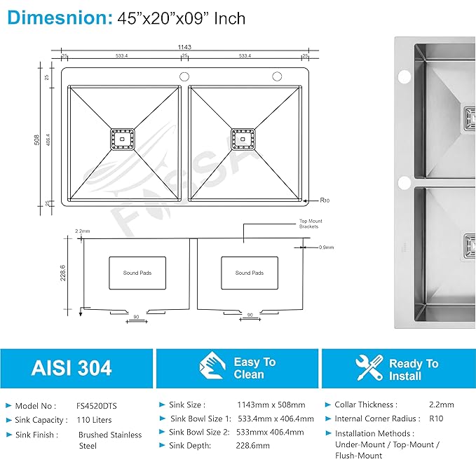 Stainless steel sink with dimensions and features on a white background