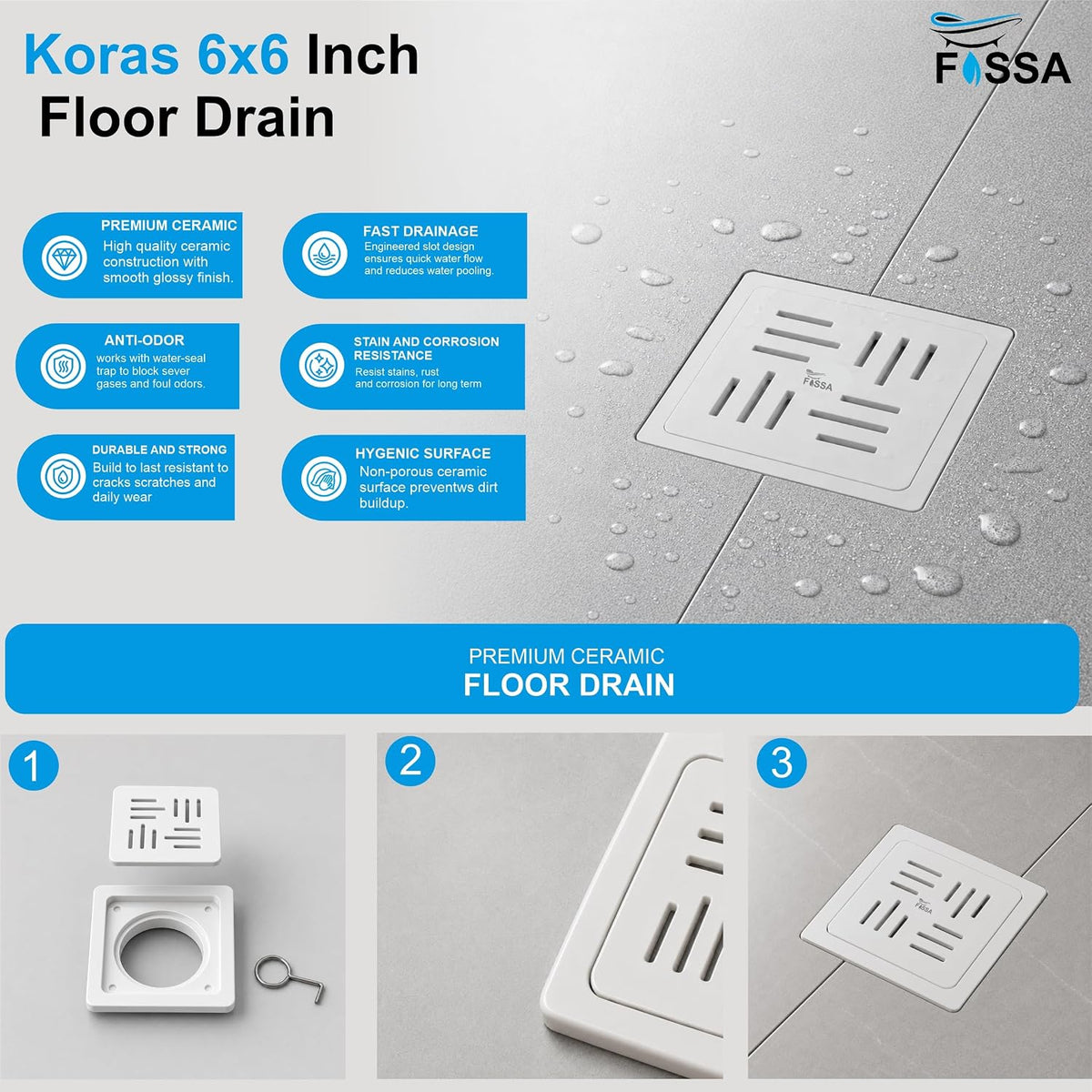 Koras 6x6 Inch Ceramic Melamine Floor Drain – White (RW-217) - Fossa Home
