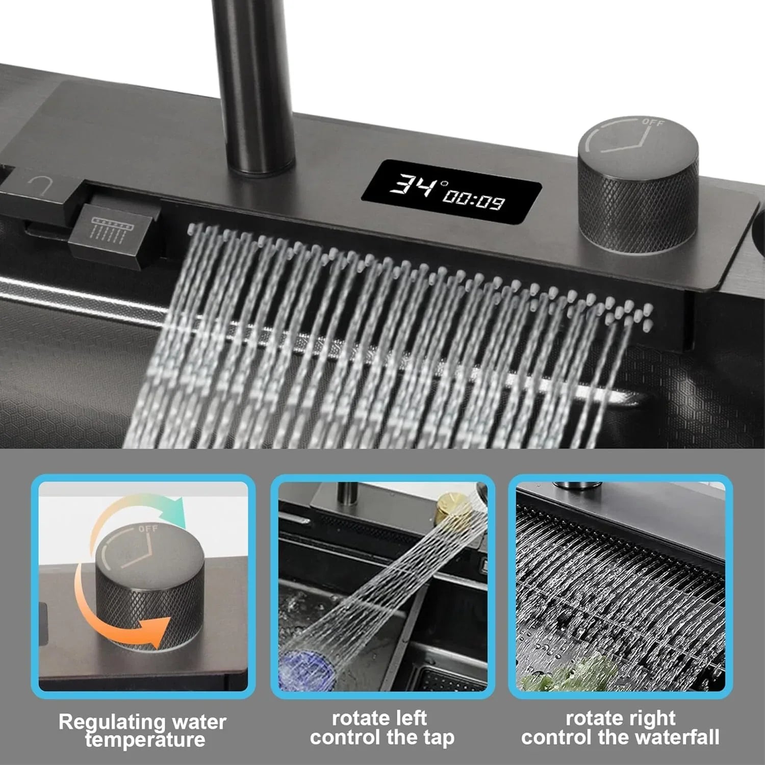 (30 x 18 x 10) Inch 304 Piano 5 Keys Smart Kitchen Sink Black - Fossa Home