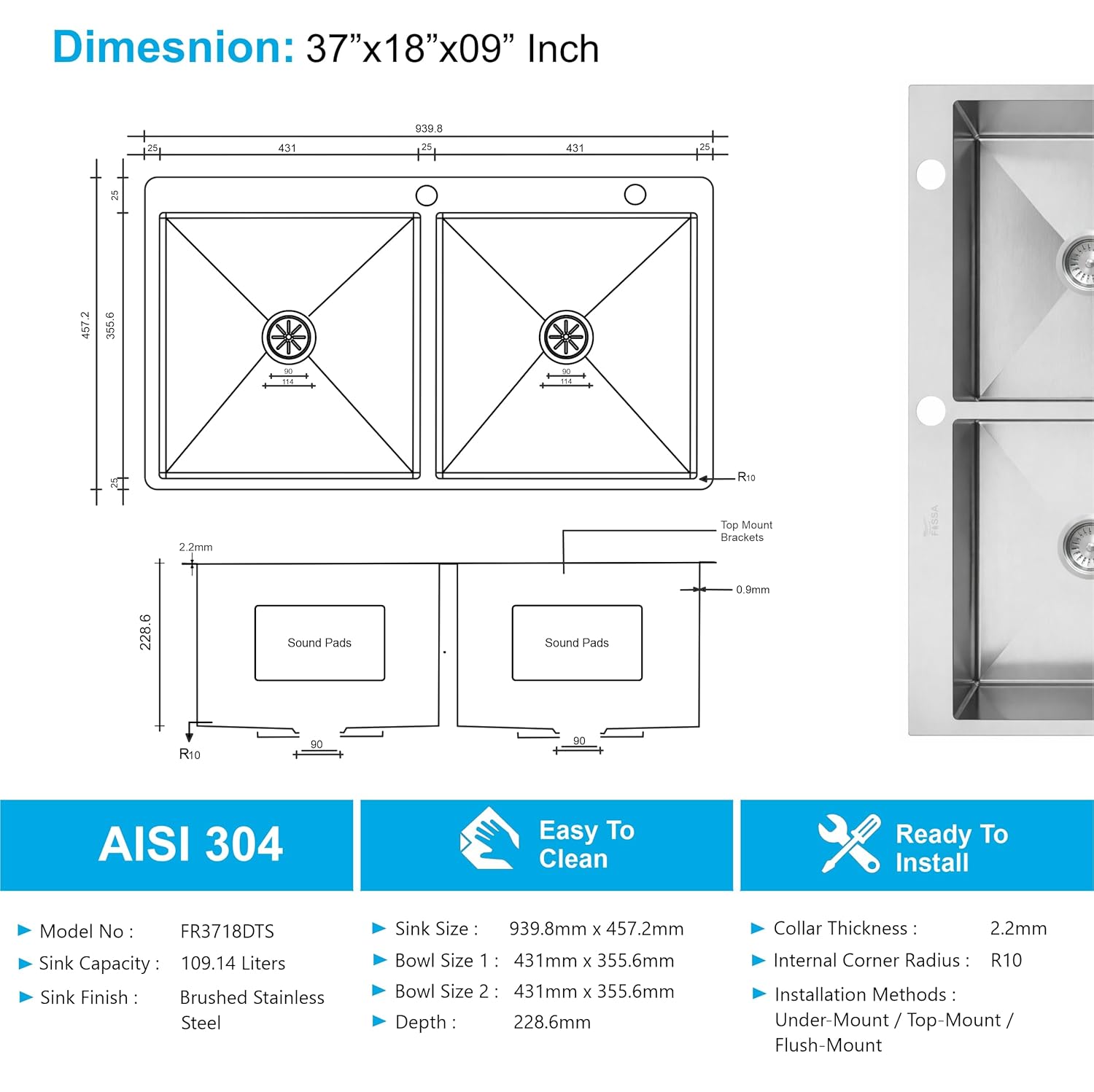 Aqua 304 Handmade (37 x 18 x 09 ) Inch Stainless Steel Double Bowl Bowl Tap Hole Round Coupling Silver Kitchen Sink