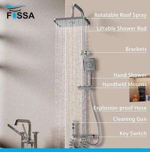 Fossa Spark Shower System with Thermostat Shower Set Wall Piano Button Shower Set Height Adjustable Rain Shower Set with Shower Fitting, 12 Inch Shower Head, Hand Shower, Bidet Spray, Gun (Grey) (Light Weight ) - Fossa Home