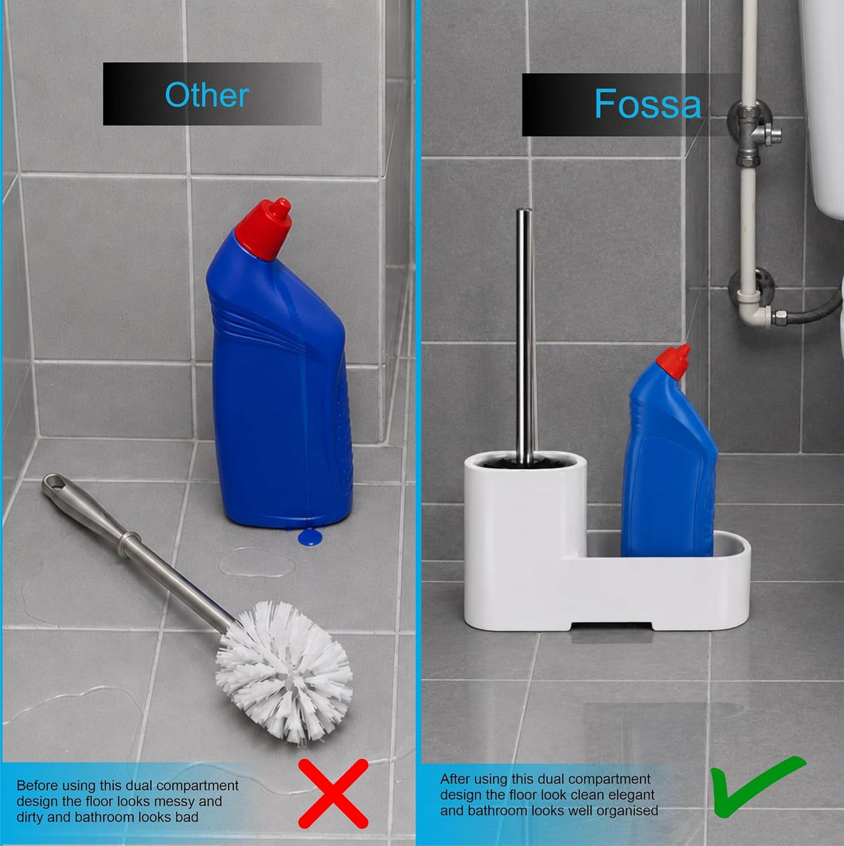 FOSSA 2-in-1 Ceramic Toilet Brush Holder & Cleaner Bottle Organiser, White (RW-130) - Fossa Home