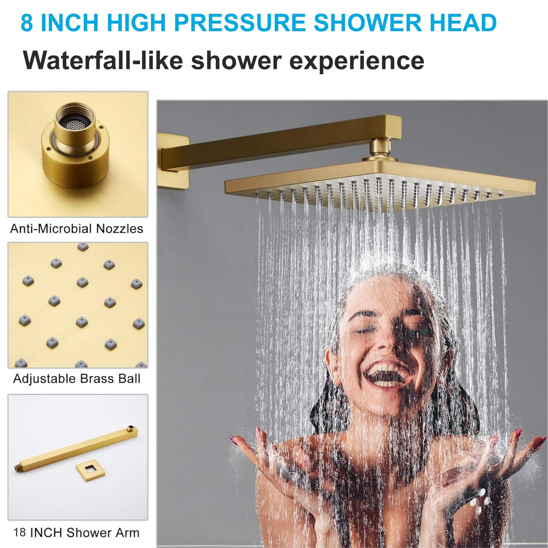 8 Inch Rainfall Square Overhead Shower Rose Gold With Arm (18 Inch)