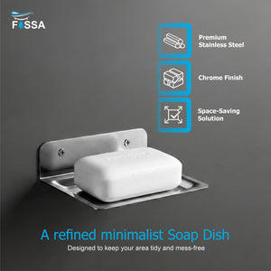 Stainless steel soap dish with a bar of soap on a dark background, featuring Fossa brand.