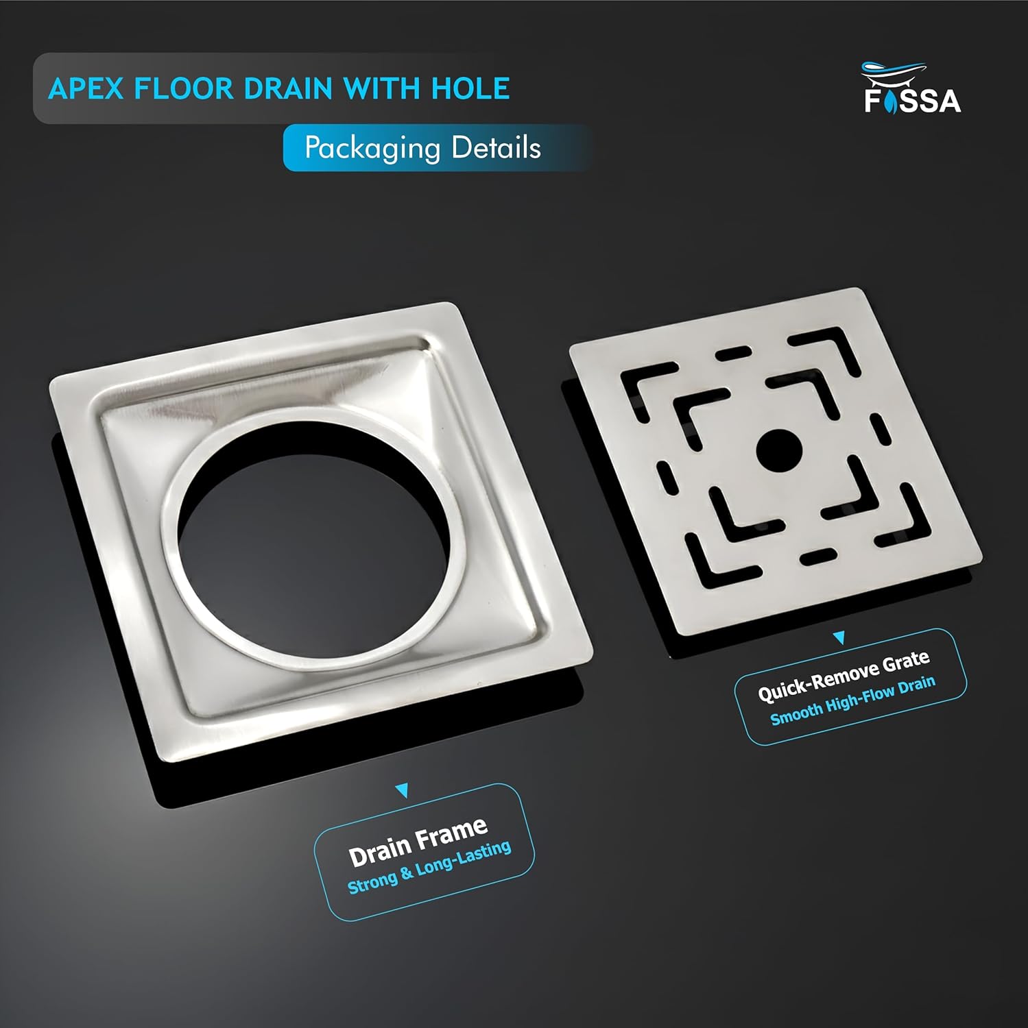 Apex Floor Drain (5 x 5 Inches) Premium Stainlees Steel With Hole - Fossa Home