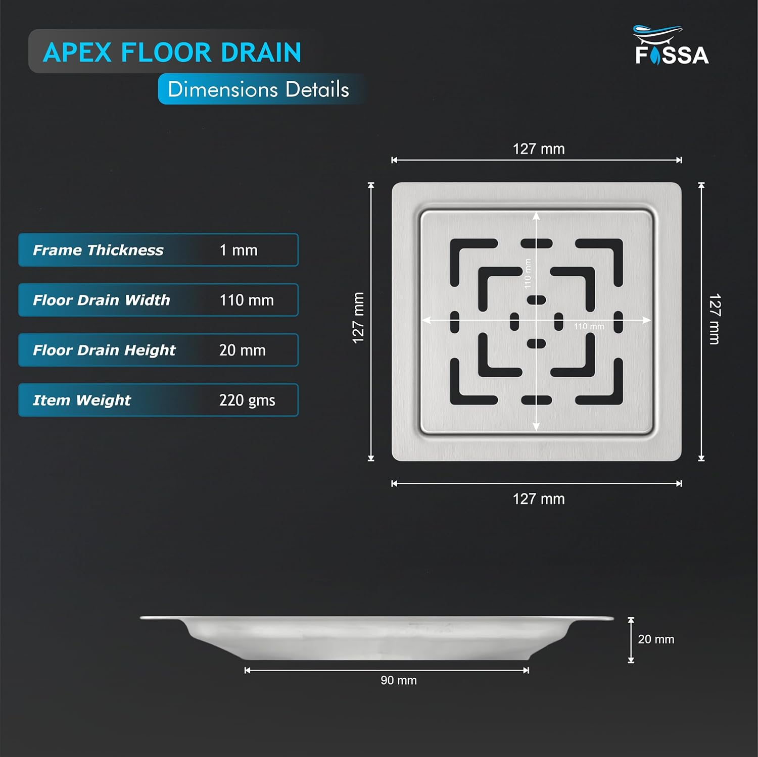 Apex Floor Drain (5 x 5 Inches) Premium Stainlees Steel