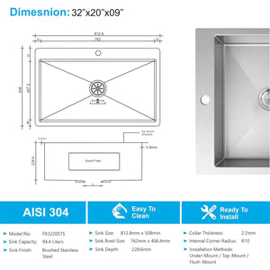 32x20 inch 304 stainless steel single bowl kitchen sink top view with 9 inch deep bowl