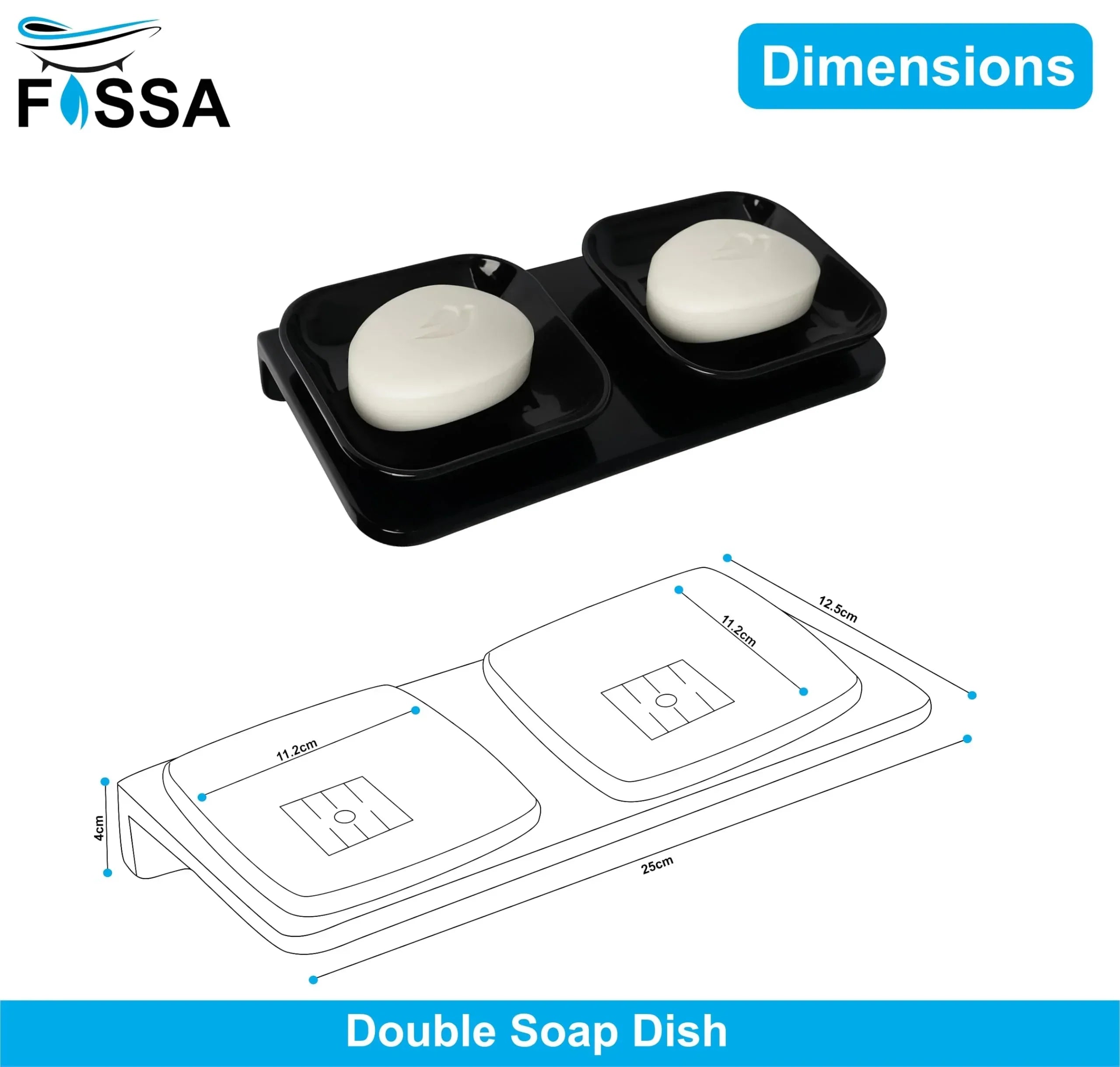 Black Double Soap Dish Unbreakable ABS Rectangular Ceramic Finish (RB-112) - Fossa Home