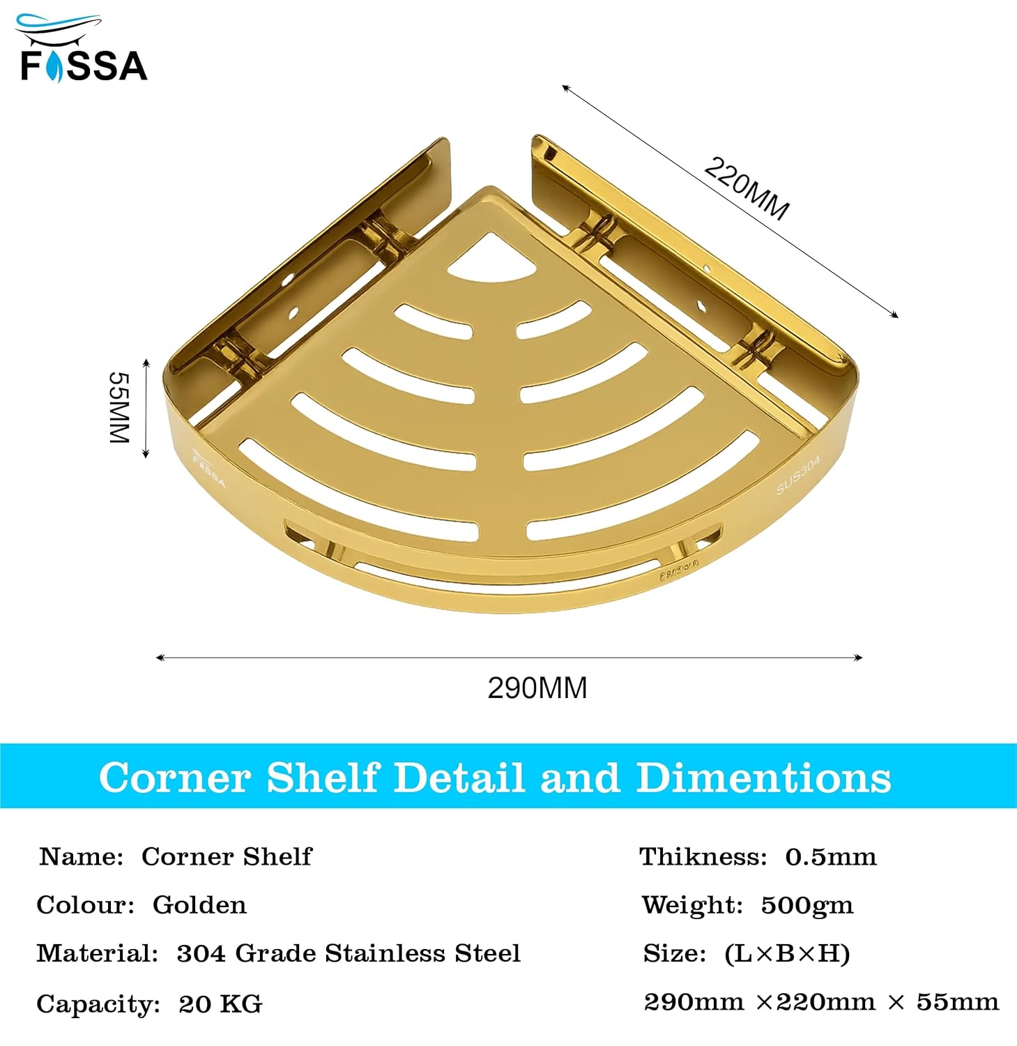 Caddy Stainless Steel Corner Shelf (Gold) - Fossa Home