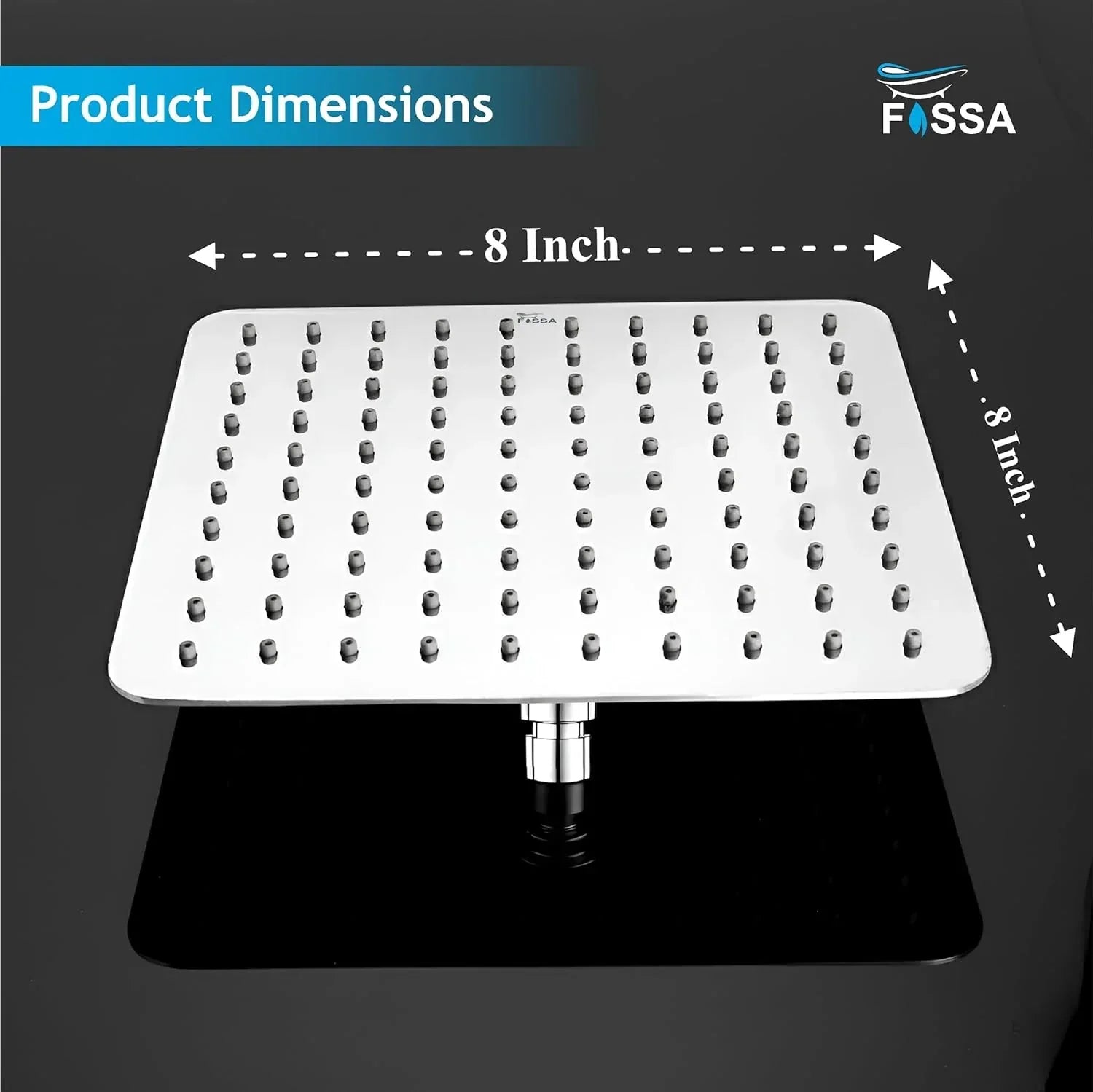 Colva (8x8 Inches) 304- Grade Stainless Steel Chrome Finish Overhead Shower With Arm (15 Inch) - Fossa Home