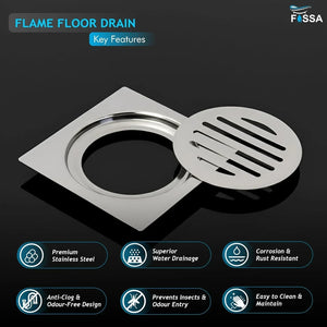 Flame Floor Drain (5 x 5 Inches) Premium Stainlees Steel - Fossa Home
