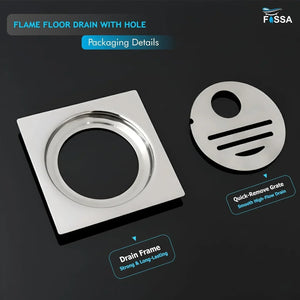 Flame Floor Drain (5 x 5 Inches) Premium Stainlees Steel With Hole - Fossa Home