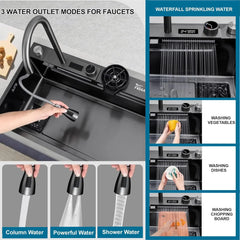 Fossa 30"x18"x10" inch Fully Equipped 304 Grade Kitchen Sink with Integrated Waterfall and Pull-down Faucets -Stainless Steel Sink with LED Pannel and Touchscreen Digital Display - Nano Black Finish with All Accessories Fossa Home