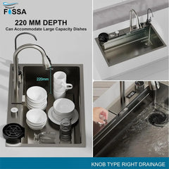 Fossa 30"x18"x10" inch Fully Equipped 304 Grade Kitchen Sink with Integrated Waterfall and Pull-down Faucets -Stainless Steel Sink with LED Pannel and Touchscreen Digital Display - Nano Black Finish with All Accessories Fossa Home