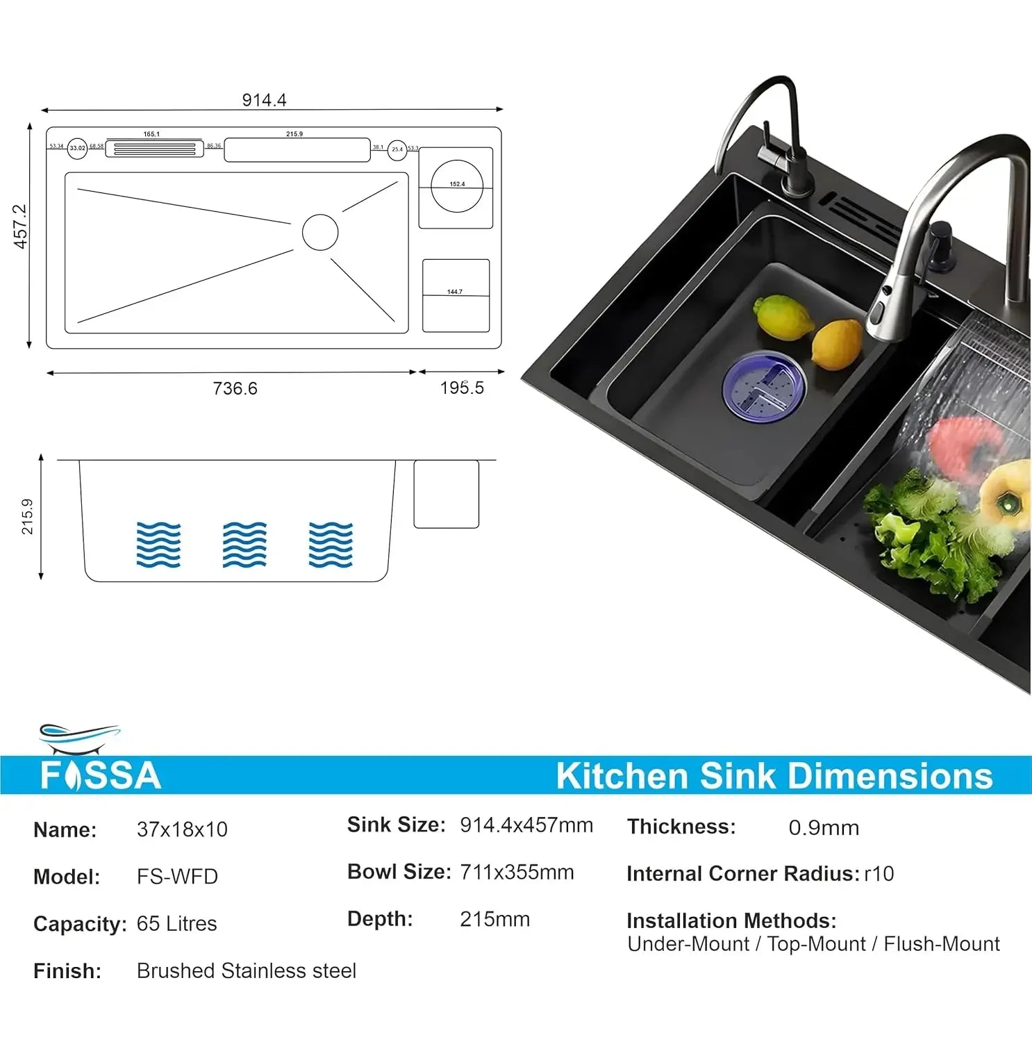 Fossa 37"x18"x10" inch Premium Single Bowl With Dustbin Sink Waterfall Kitchen Sink Honeycomb Embossed Sink with Black Nano Coating, Stainless Steel, Rectangular Workstation,faucet With all Accessories. Fossa Home