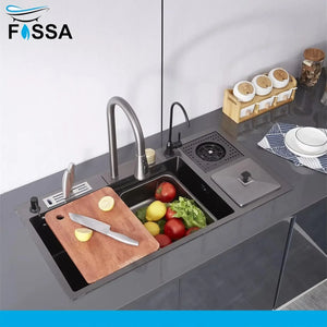 Fossa 37"x18"x10" inch Premium Single Bowl With Dustbin Sink Waterfall Kitchen Sink Honeycomb Embossed Sink with Black Nano Coating, Stainless Steel, Rectangular Workstation,faucet With all Accessories. Fossa Home