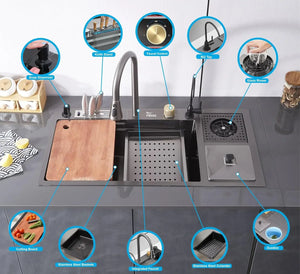 Fossa 37"x18"x10" inch Premium Single Bowl With Dustbin Sink Waterfall Kitchen Sink Honeycomb Embossed Sink with Black Nano Coating, Stainless Steel, Rectangular Workstation,faucet With all Accessories. Fossa Home