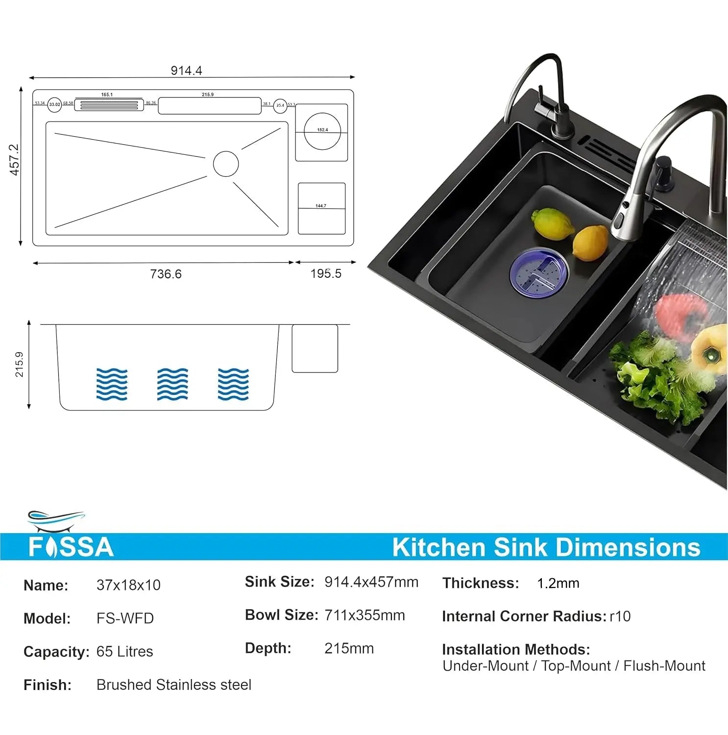 Fossa 37"x18"x10" inch Single Bowl With Dustbin 304 Grade Sink Waterfall Kitchen Sink Honeycomb Embossed Sink with Black Nano Coating, Stainless Steel, Rectangular Workstation,faucet With all Accessories. Fossa Home