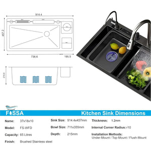 Fossa 37"x18"x10" inch Single Bowl With Dustbin 304 Grade Sink Waterfall Kitchen Sink Honeycomb Embossed Sink with Black Nano Coating, Stainless Steel, Rectangular Workstation,faucet With all Accessories. Fossa Home