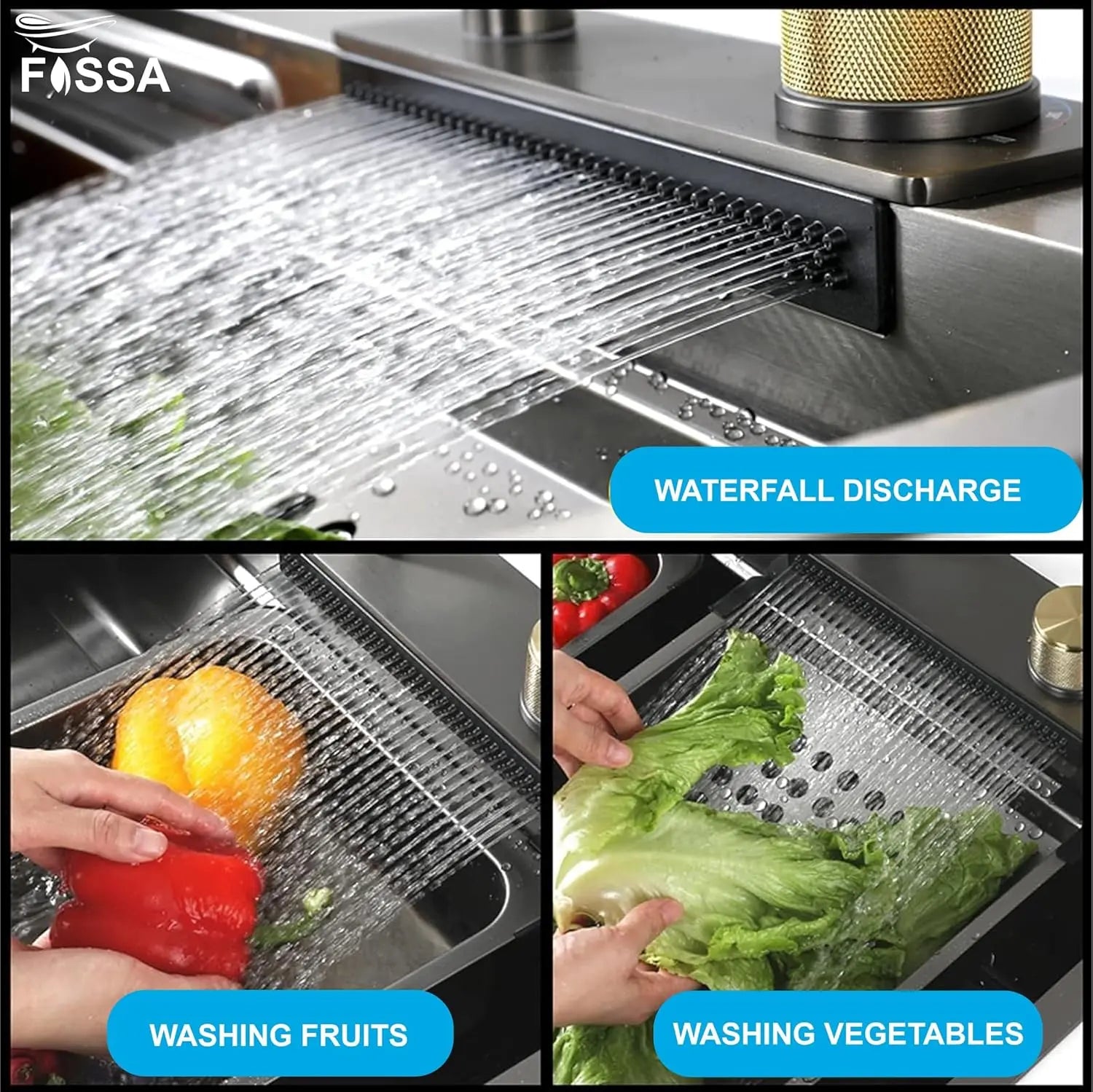 Fossa 37"x18"x10" inch Single Bowl With Dustbin 304 Grade Sink Waterfall Kitchen Sink Honeycomb Embossed Sink with Black Nano Coating, Stainless Steel, Rectangular Workstation,faucet With all Accessories. Fossa Home