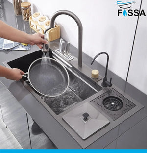 Fossa 37"x18"x10" inch Single Bowl With Dustbin 304 Grade Sink Waterfall Kitchen Sink Honeycomb Embossed Sink with Black Nano Coating, Stainless Steel, Rectangular Workstation,faucet With all Accessories. Fossa Home