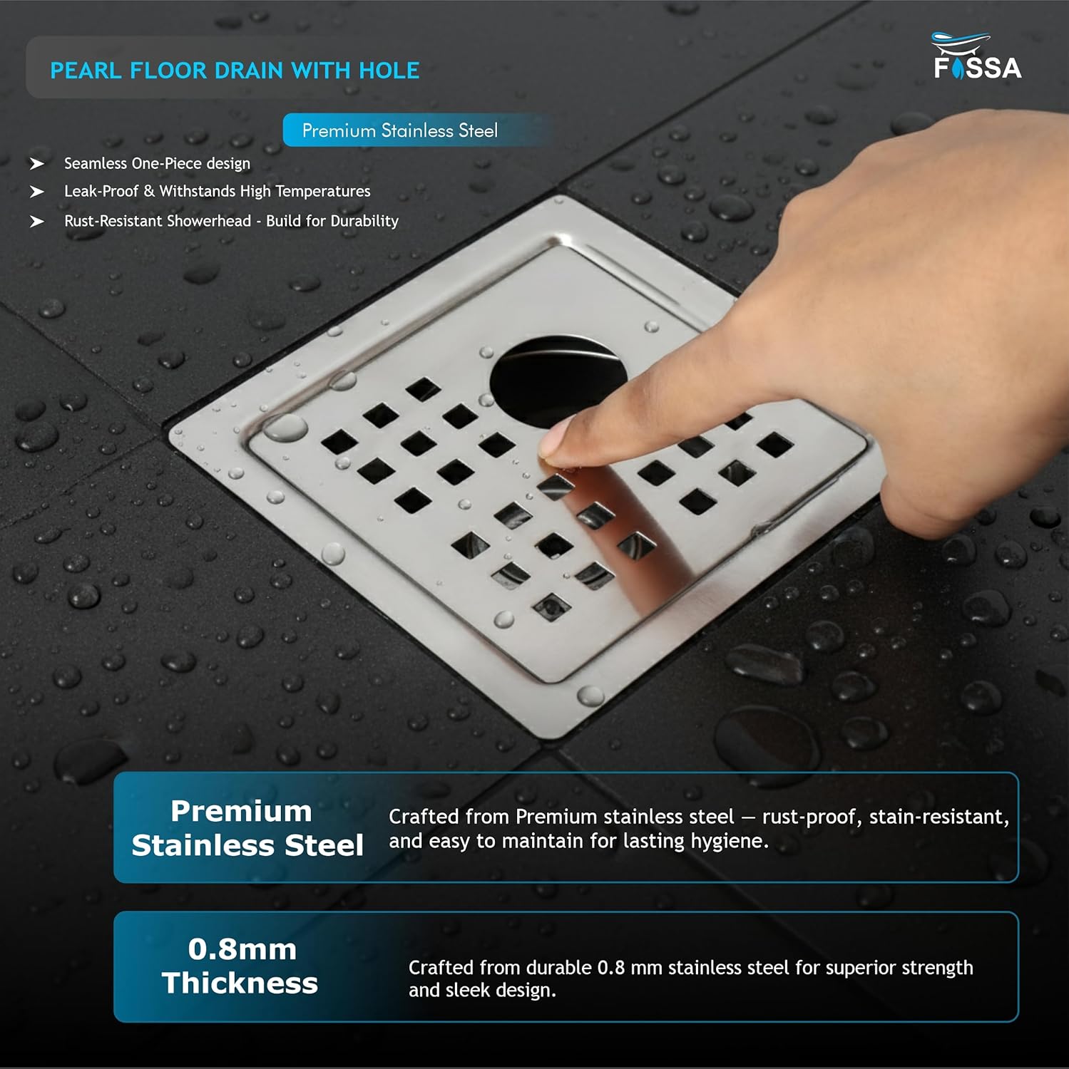 Pearl Floor Drain (5 x 5 Inches) Premium Stainlees Steel With Hole
