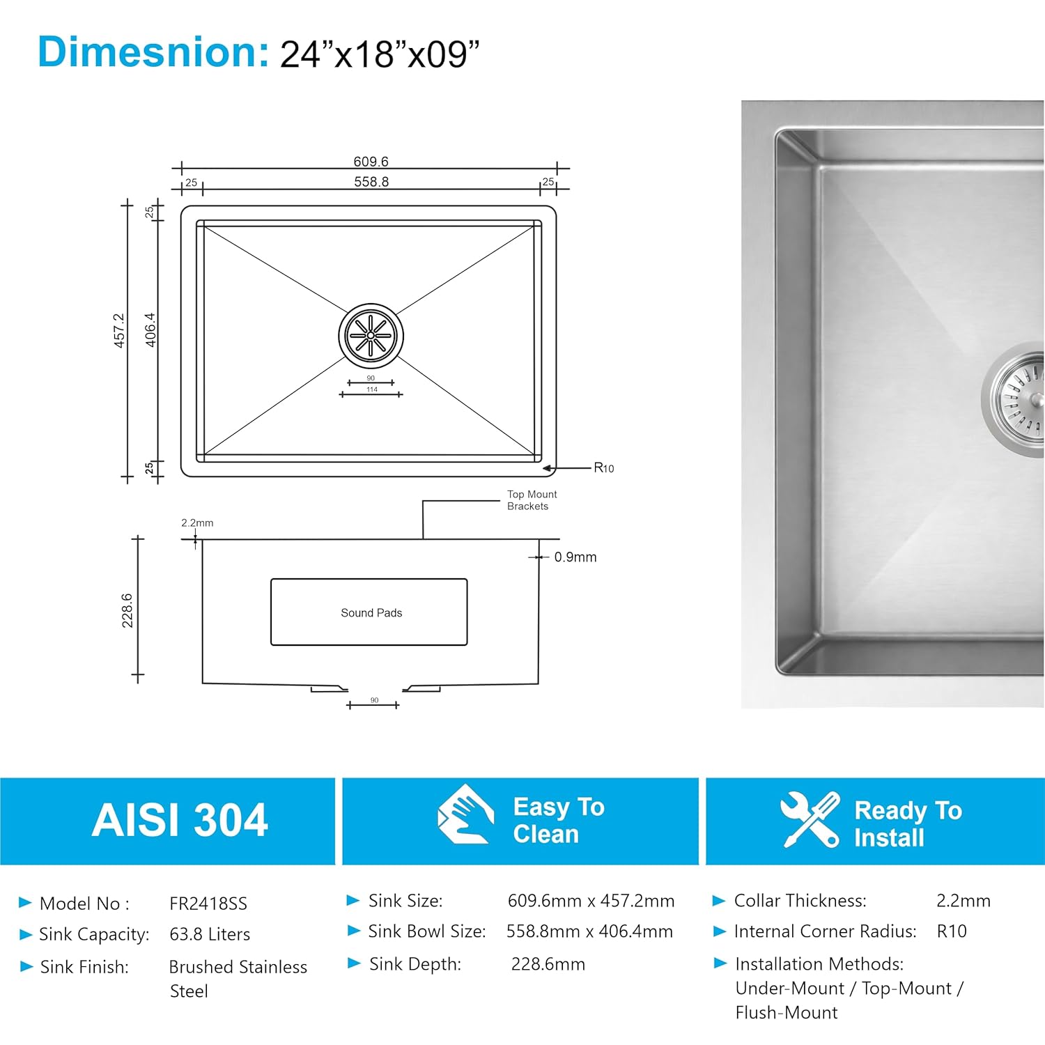 Stainless steel kitchen sink with dimensions and features displayed