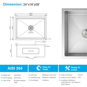 Stainless steel kitchen sink with dimensions and features displayed