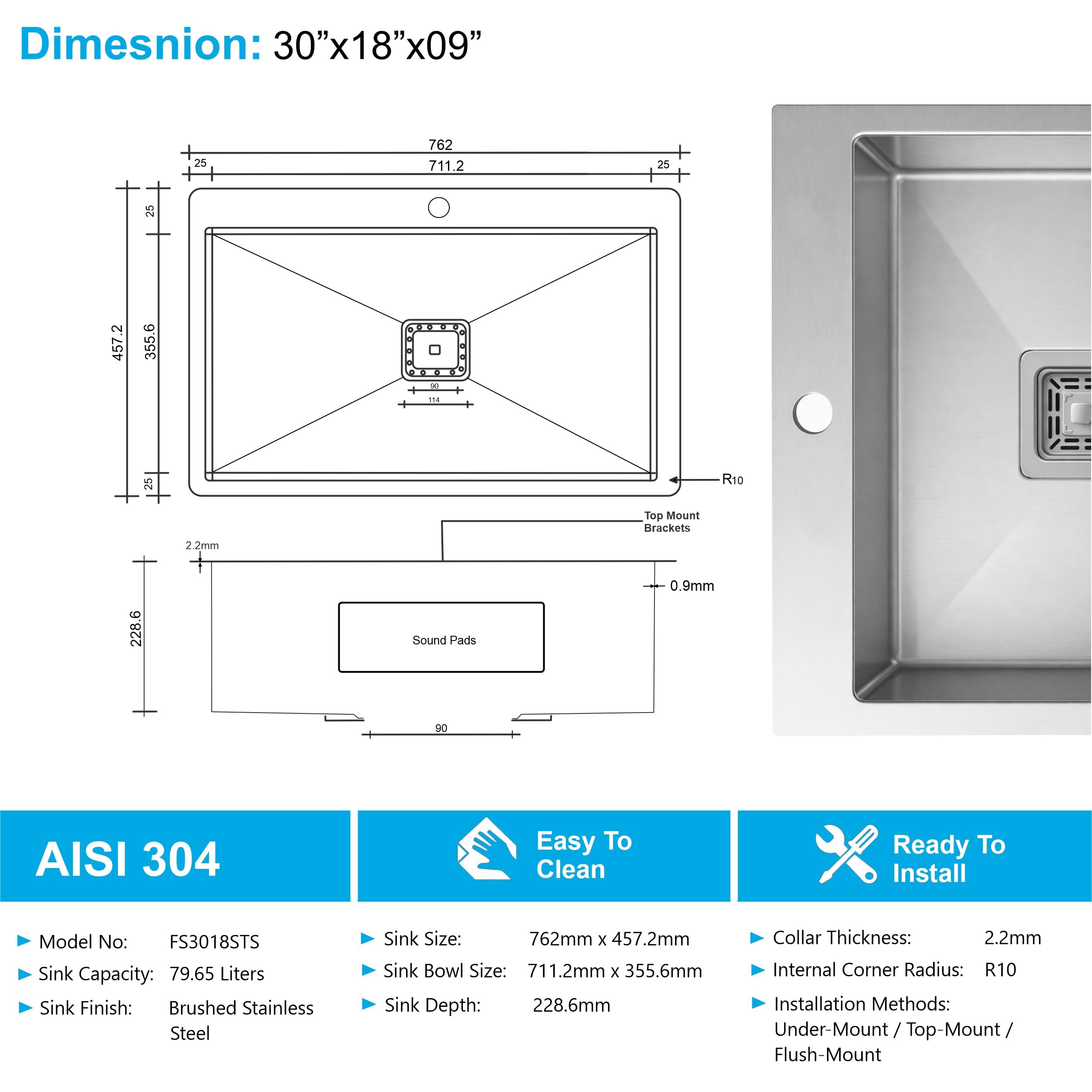 Aqua 304 Handmade (30 x 18 x 09 ) Inch Stainless Steel Single Bowl Tap Hole Silver Kitchen Sink