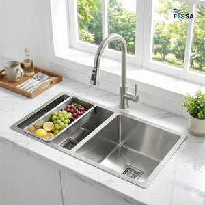 37x18x09 inch double bowl handmade kitchen sink in AISI 304 stainless steel silver finish