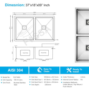 37x18 inch AISI 304 stainless steel double bowl kitchen sink top view with dimension details