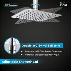 Colva (6x6 Iches) 304- Grade Stainless Steel Chrome Finish Overhead Shower With Arm (12 Inch)