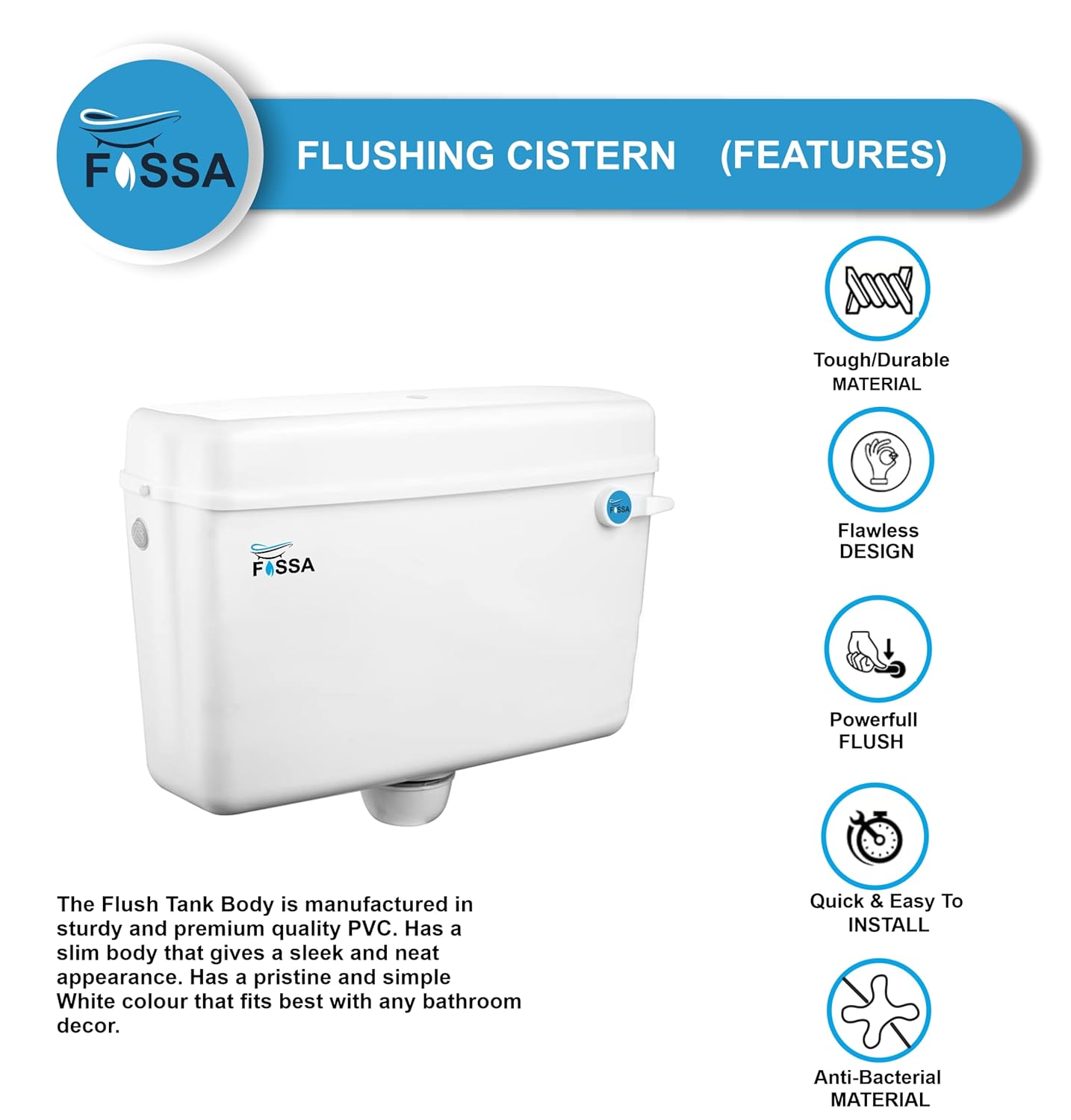 Fossa Flushing Cistern (9 Ltr) Capacity Side Handle Flush Tank White - Fossa Home