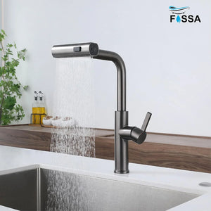 Rainfall Pull Out Triple-Flow 360° Hot & Cold Stainless Steel Kitchen Mixer Faucet Black - Fossa Home